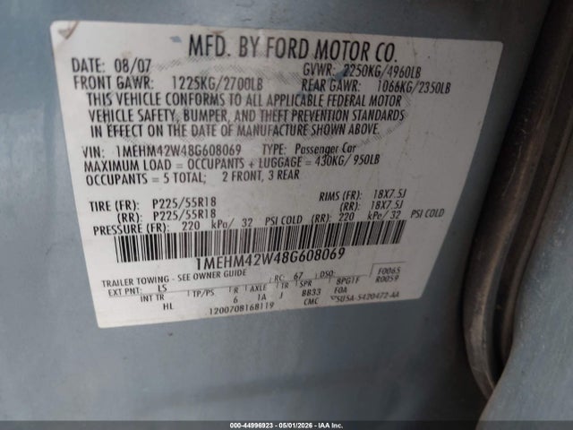 Продаж на аукціоні авто 2008 Mercury Sable Premier, vin: 1MEHM42W48G608069, номер лоту: 44996923