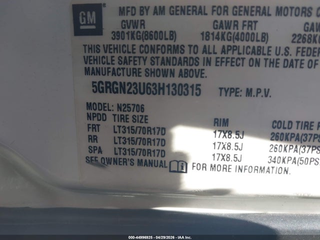 2003 Hummer H2 მანქანა იყიდება აუქციონზე, vin: 5GRGN23U63H130315, აუქციონის ნომერი: 44996925