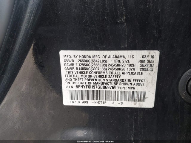 Продаж на аукціоні авто 2016 Honda Pilot Touring, vin: 5FNYF6H97GB069769, номер лоту: 44996950