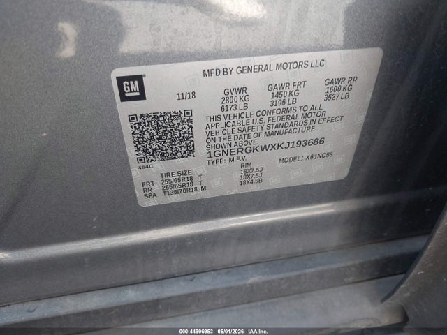 Продаж на аукціоні авто 2019 Chevrolet Traverse 1lt, vin: 1GNERGKWXKJ193686, номер лоту: 44996953