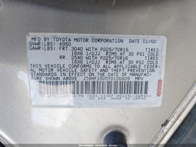 Aukcja sprzedaży 2000 Lexus Rx 300, vin: JT6HF10U5Y0126609, numer aukcji: 44996964