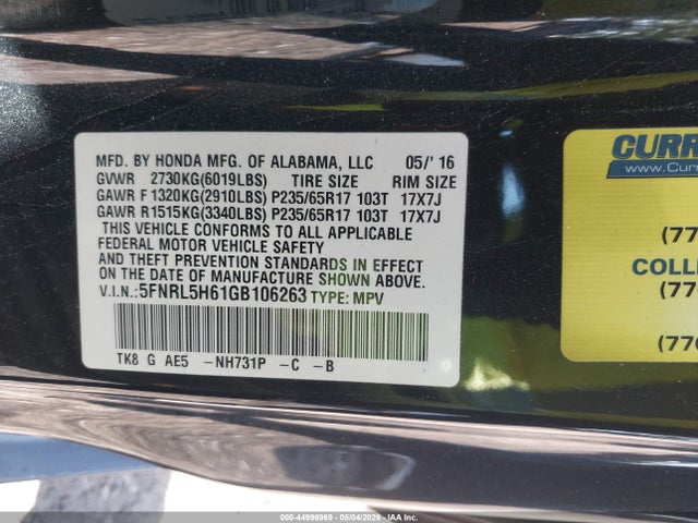 5FNRL5H61GB106263 Honda Odyssey Ex-l