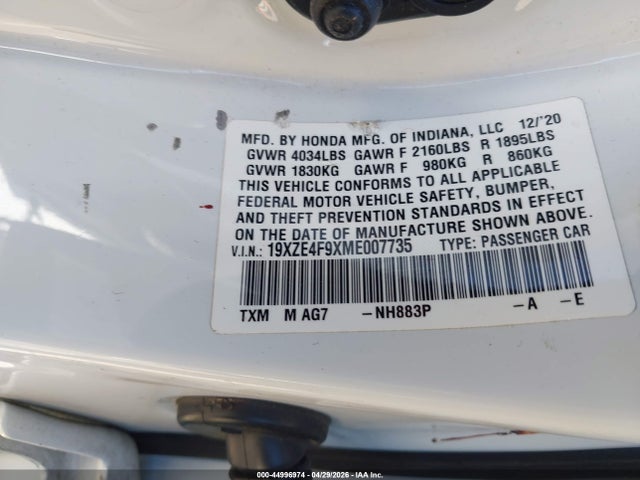 Aukcja sprzedaży 2021 Honda Insight Touring, vin: 19XZE4F9XME007735, numer aukcji: 44996974