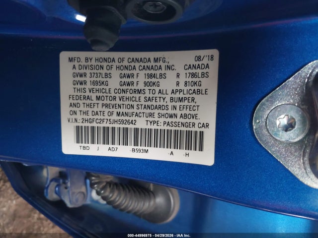 Продаж на аукціоні авто 2018 Honda Civic Ex, vin: 2HGFC2F75JH592642, номер лоту: 44996975