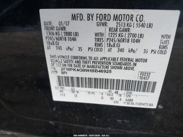 2017 Ford Edge Se მანქანა იყიდება აუქციონზე, vin: 2FMPK4G99HBB46925, აუქციონის ნომერი: 44996976
