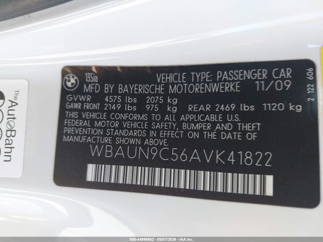 Aukcja sprzedaży 2010 Bmw 135i, vin: WBAUN9C56AVK41822, numer aukcji: 44996982