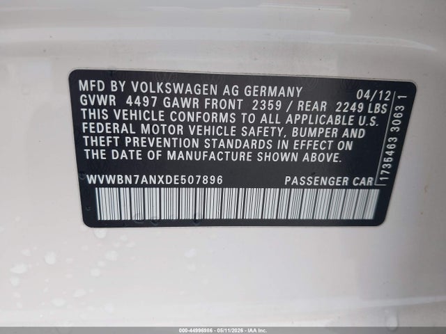 44996986 :رقم المزاد ، WVWBN7ANXDE507896 vin ، 2013 Volkswagen Cc 2.0t Sport مزاد بيع