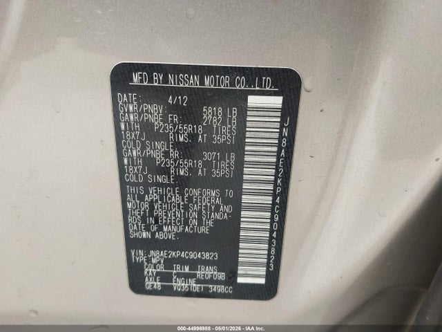 Продаж на аукціоні авто 2012 Nissan Quest Sl, vin: JN8AE2KP4C9043823, номер лоту: 44996988