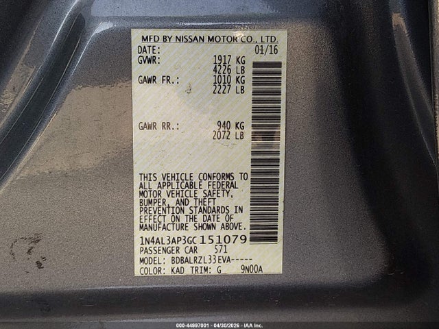 1N4AL3AP3GC151079 Nissan Altima 2.5 Sl