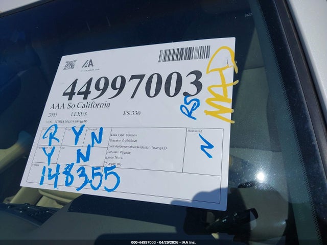 2005 Lexus Es 330 მანქანა იყიდება აუქციონზე, vin: JTHBA30G055064648, აუქციონის ნომერი: 44997003