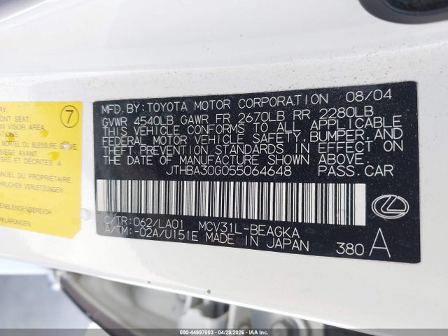 2005 Lexus Es 330 მანქანა იყიდება აუქციონზე, vin: JTHBA30G055064648, აუქციონის ნომერი: 44997003