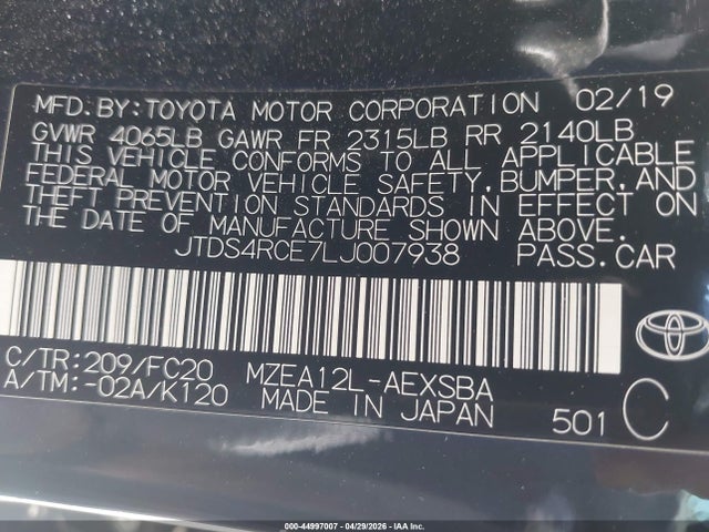 JTDS4RCE7LJ007938 Toyota COROLLA SE