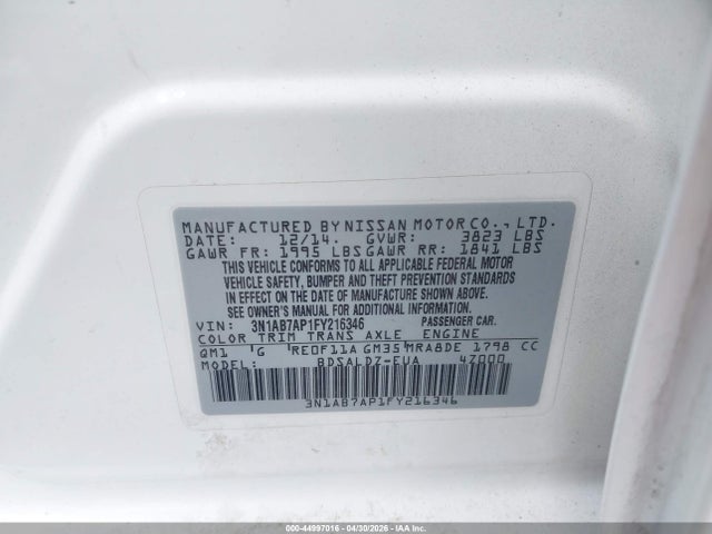 2015 Nissan Sentra Sv მანქანა იყიდება აუქციონზე, vin: 3N1AB7AP1FY216346, აუქციონის ნომერი: 44997016