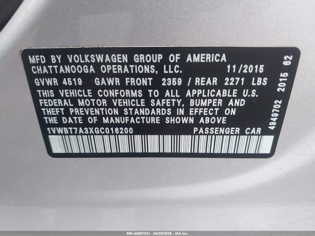 Продаж на аукціоні авто 2016 Volkswagen Passat 1.8t Se, vin: 1VWBT7A3XGC016200, номер лоту: 44997021
