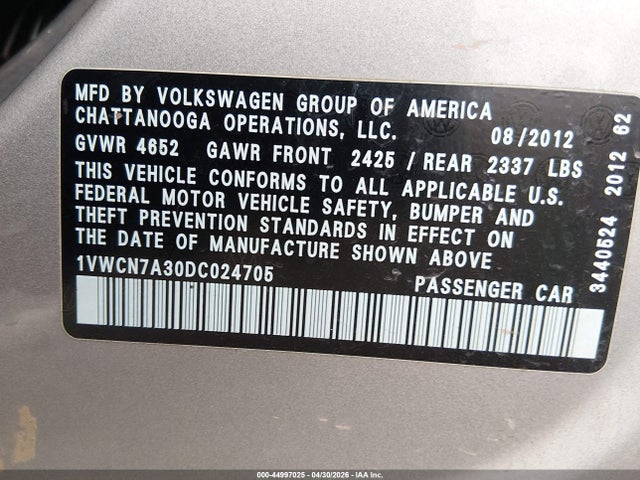 Продаж на аукціоні авто 2013 Volkswagen Passat 2.0l Tdi Sel Premium, vin: 1VWCN7A30DC024705, номер лоту: 44997025