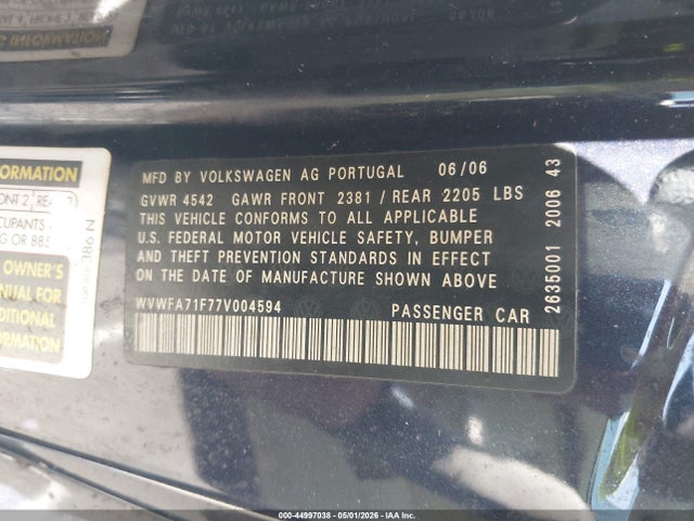 2007 Volkswagen Eos 2.0t მანქანა იყიდება აუქციონზე, vin: WVWFA71F77V004594, აუქციონის ნომერი: 44997038
