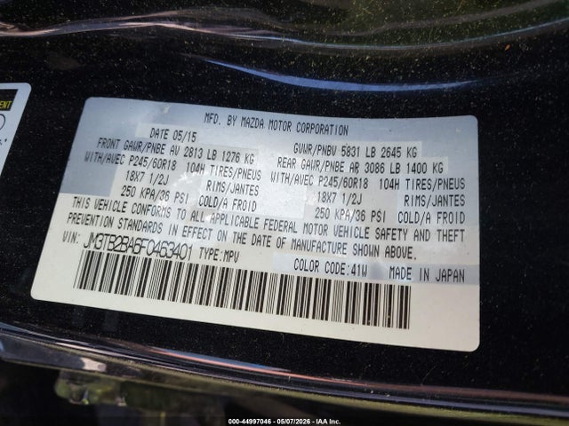 2015 Mazda Cx-9 Sport მანქანა იყიდება აუქციონზე, vin: JM3TB2BA6F0463401, აუქციონის ნომერი: 44997046