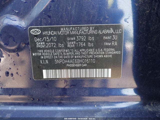 Aukcja sprzedaży 2011 Hyundai Elantra Limited, vin: 5NPDH4AE6BH016110, numer aukcji: 44997049