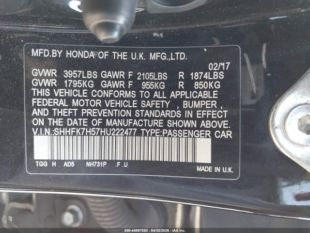 Продажа на аукционе авто 2017 Honda Civic Ex, vin: SHHFK7H57HU222477, номер лота: 44997050