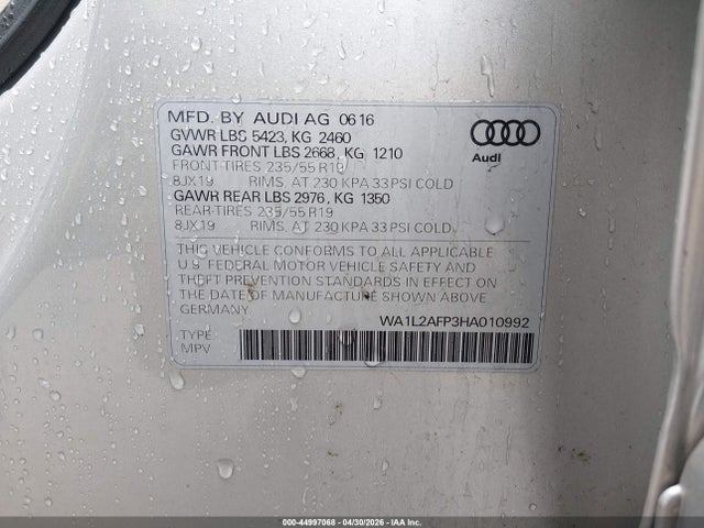 44997068 :رقم المزاد ، WA1L2AFP3HA010992 vin ، 2017 Audi Q5 2.0t Premium مزاد بيع
