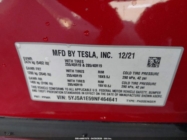 Aukcja sprzedaży 2022 Tesla Model S Dual Motor All-wheel Drive, vin: 5YJSA1E59NF464641, numer aukcji: 44997075