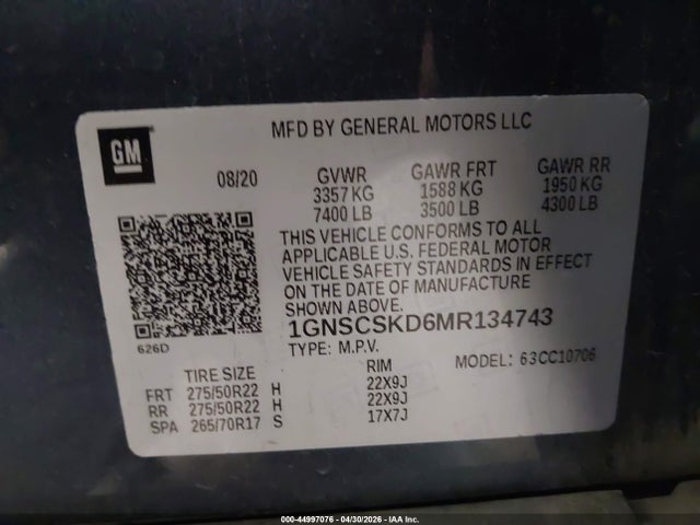 Aukcja sprzedaży 2021 Chevrolet Tahoe 2wd Premier, vin: 1GNSCSKD6MR134743, numer aukcji: 44997076