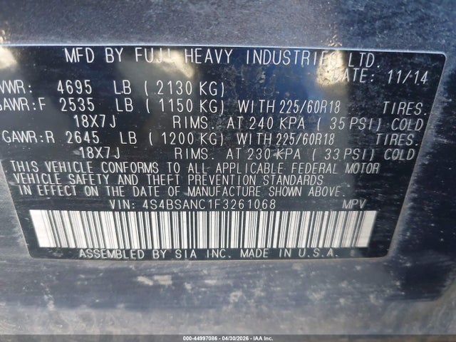 4S4BSANC1F3261068 Subaru Outback 2.5i Limited