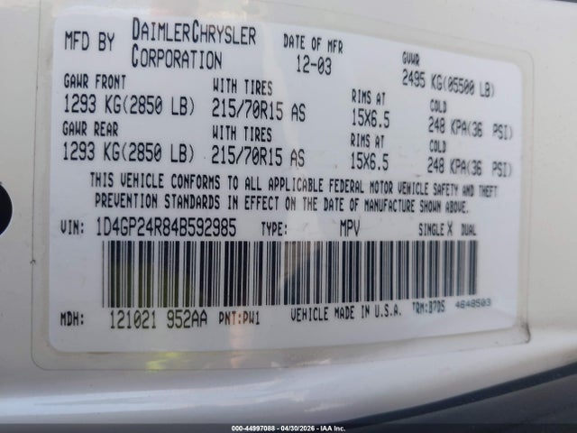 Продажа на аукционе авто 2004 Dodge Grand Caravan Se, vin: 1D4GP24R84B592985, номер лота: 44997088