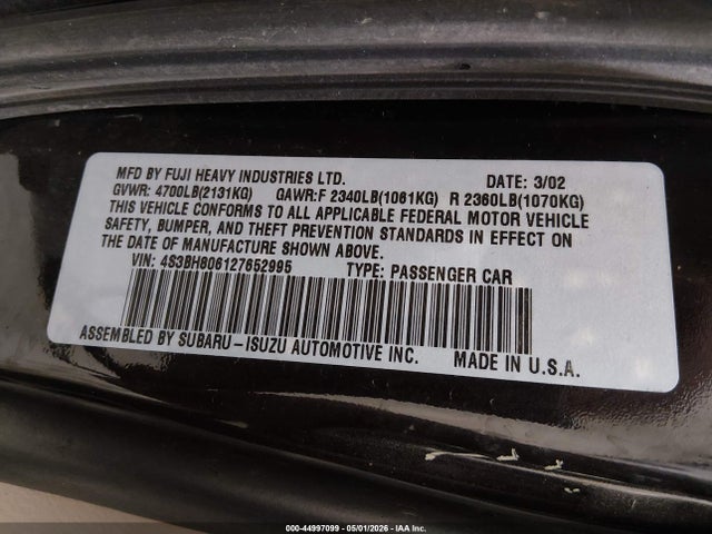 Aukcja sprzedaży 2002 Subaru Outback H6-3.0 L.l. Bean Edition, vin: 4S3BH806127652995, numer aukcji: 44997099