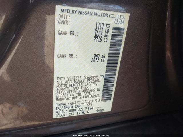 Nissan Altima 2.5 S 2015 1N4AL3AP4FC102133 Image 9