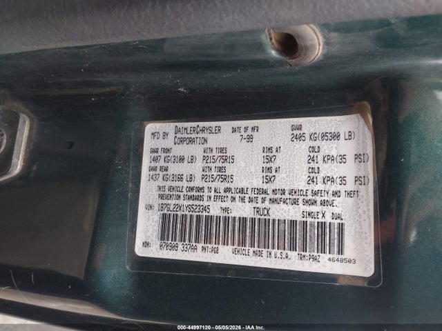 Aukcja sprzedaży 2000 Dodge Dakota Slt/sport, vin: 1B7GL22X1YS523345, numer aukcji: 44997120