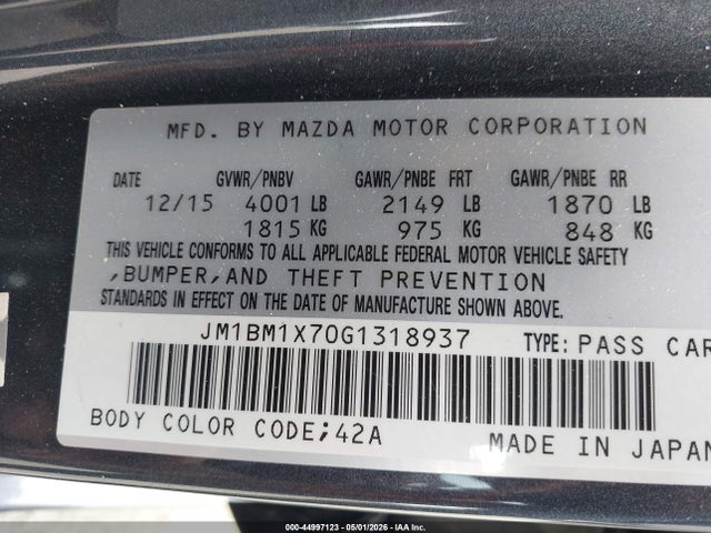 44997123 :رقم المزاد ، JM1BM1X70G1318937 vin ، 2016 Mazda Mazda3 I Grand Touring مزاد بيع