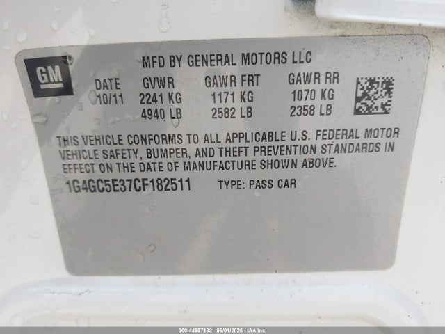 Aukcja sprzedaży 2012 Buick Lacrosse Leather Group, vin: 1G4GC5E37CF182511, numer aukcji: 44997133