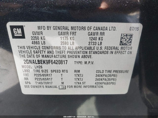 Chevrolet EQUINOX 1LT 2015 2GNALBEK9F6420817 Image 9