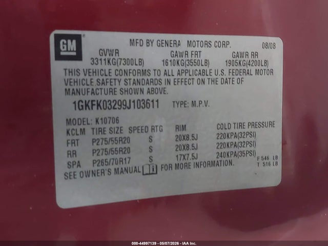 44997139 :رقم المزاد ، 1GKFK03299J103611 vin ، 2009 Gmc Yukon Denali مزاد بيع