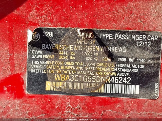 2013 Bmw 328i მანქანა იყიდება აუქციონზე, vin: WBA3C1G55DNR46242, აუქციონის ნომერი: 44997140