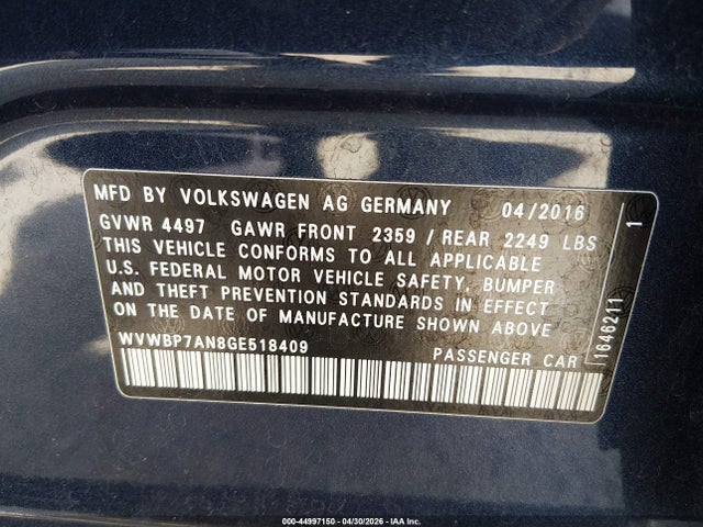 Продаж на аукціоні авто 2016 Volkswagen Cc 2.0t Sport, vin: WVWBP7AN8GE518409, номер лоту: 44997150