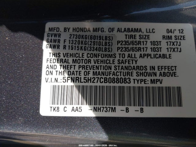 Продаж на аукціоні авто 2012 Honda Odyssey Lx, vin: 5FNRL5H27CB088083, номер лоту: 44997160