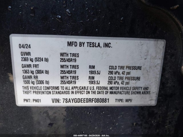 Aukcja sprzedaży 2024 Tesla Model Y Long Range Dual Motor All-wheel Drive, vin: 7SAYGDEE0RF080881, numer aukcji: 44997165