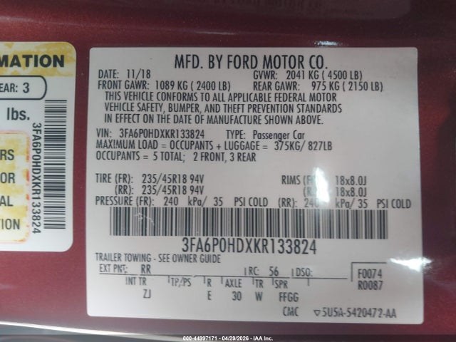 3FA6P0HDXKR133824 Ford FUSION SE