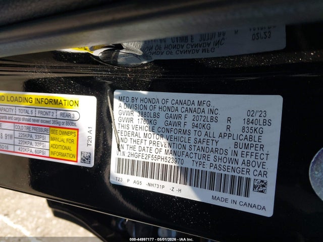 2023 Honda Civic Sport მანქანა იყიდება აუქციონზე, vin: 2HGFE2F55PH523970, აუქციონის ნომერი: 44997177