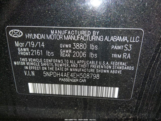 2014 Hyundai Elantra Limited მანქანა იყიდება აუქციონზე, vin: 5NPDH4AE4EH508798, აუქციონის ნომერი: 44997183