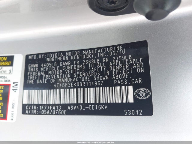 Aukcja sprzedaży 2011 Toyota Camry Xle, vin: 4T4BF3EK0BR114967, numer aukcji: 44997193