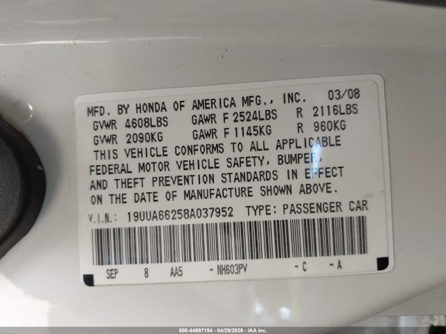2008 Acura Tl 3.2 მანქანა იყიდება აუქციონზე, vin: 19UUA66258A037952, აუქციონის ნომერი: 44997194