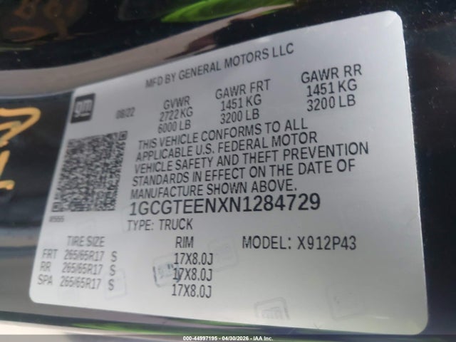 Aukcja sprzedaży 2022 Chevrolet Colorado 4wd  Short Box Zr2, vin: 1GCGTEENXN1284729, numer aukcji: 44997195