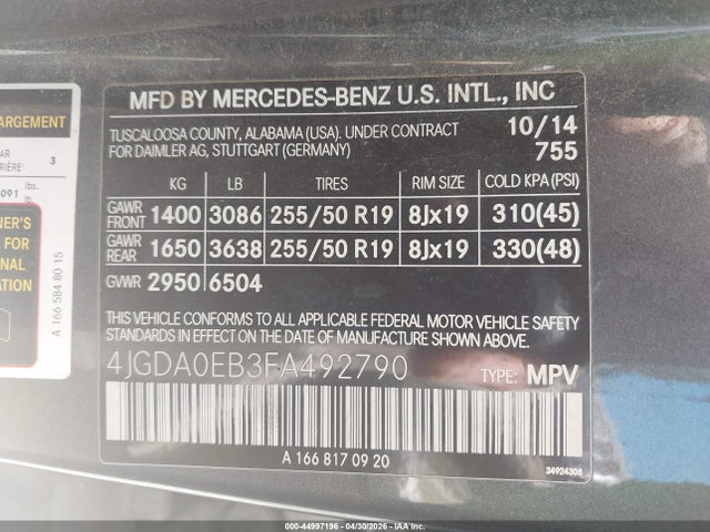 44997196 :رقم المزاد ، 4JGDA0EB3FA492790 vin ، 2015 Mercedes-benz Ml 250 Bluetec 4matic مزاد بيع