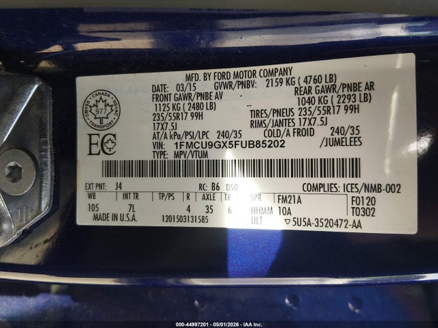 Ford ESCAPE SE 2015 1FMCU9GX5FUB85202 Image 9