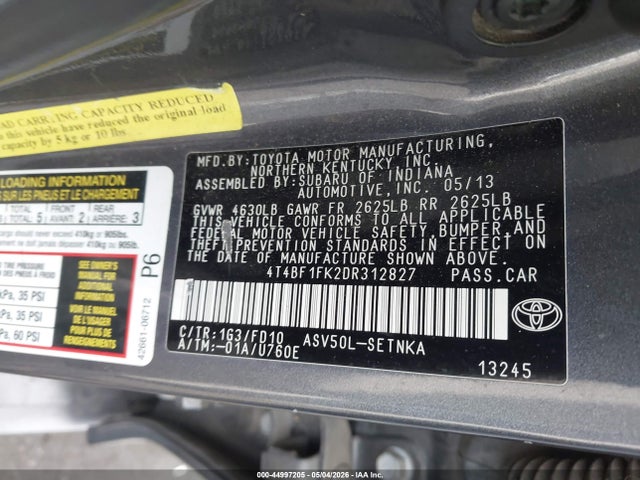 2013 Toyota Camry Le მანქანა იყიდება აუქციონზე, vin: 4T4BF1FK2DR312827, აუქციონის ნომერი: 44997205