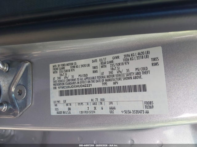 Продажа на аукционе авто 2017 Ford Escape Titanium, vin: 1FMCU0JDXHUD42221, номер лота: 44997209
