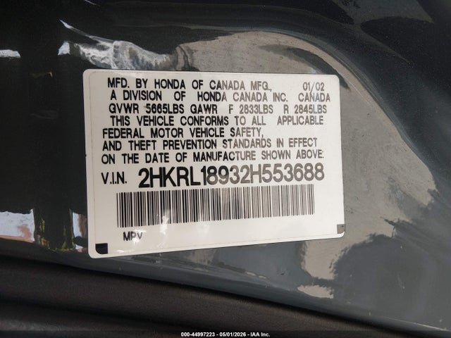 44997223 :رقم المزاد ، 2HKRL18932H553688 vin ، 2002 Honda Odyssey Ex-l مزاد بيع